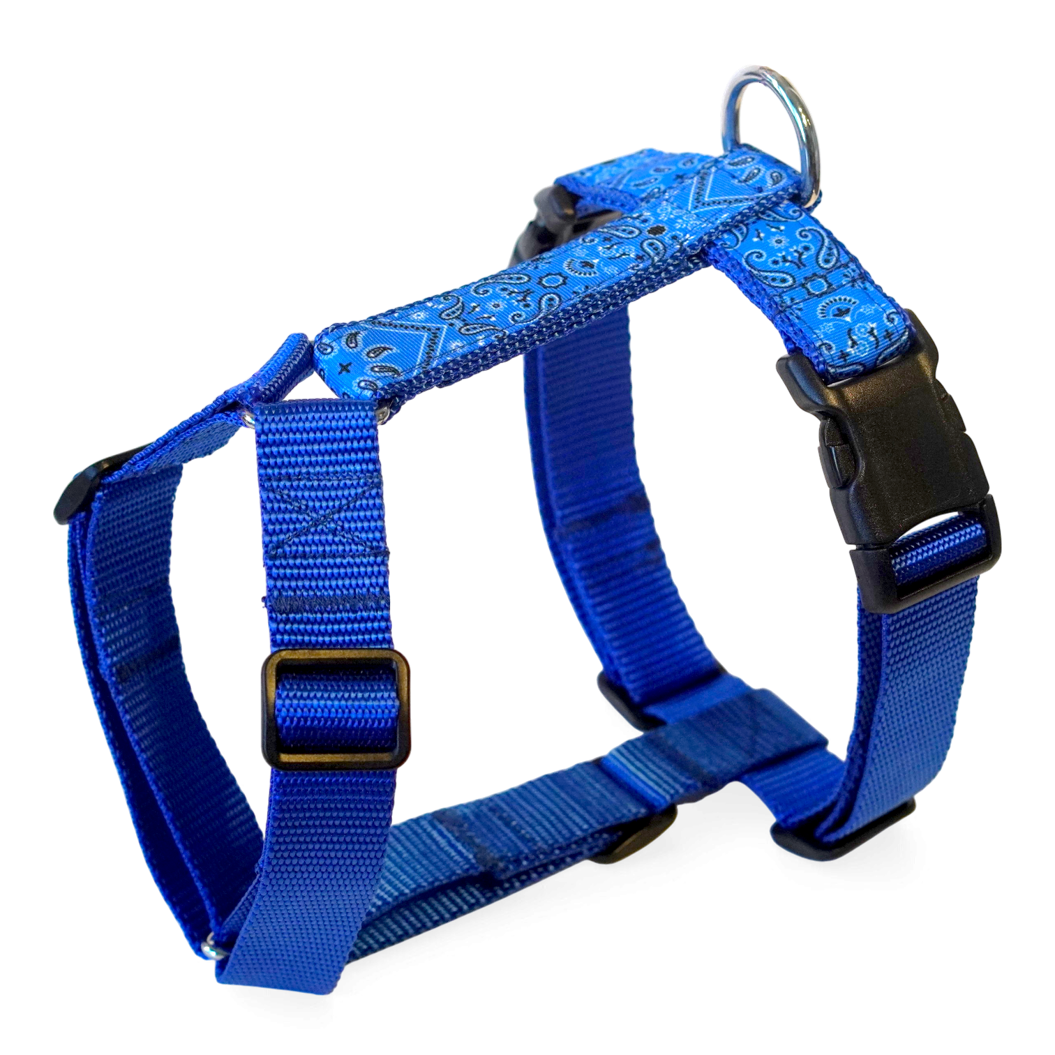 Blue paisley patterned dog harness with black plastic buckles and a metal ring, shown on a white background.