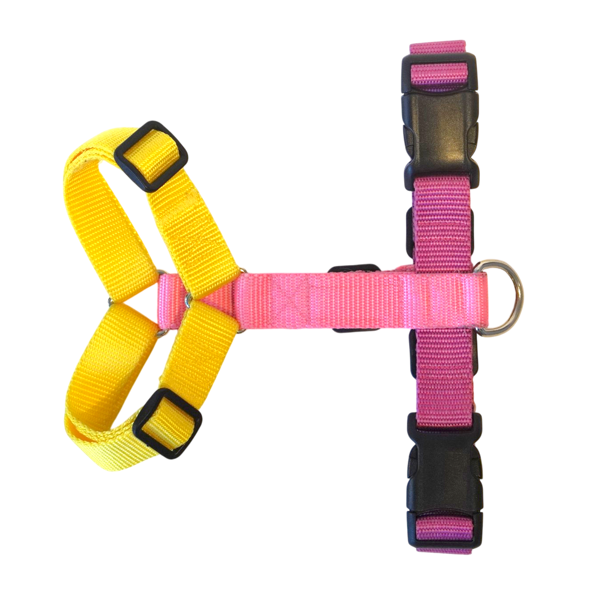 A Y-shape anatomical two-tone dog harness made of nylon webbing, featuring a bright yellow left side and a bright pink right side, with black plastic quick-release buckles and a silver metal ring on a plain white background.