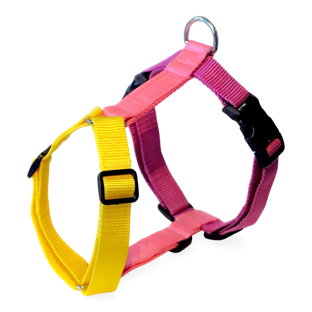 A Y-shape anatomical two-tone dog harness made of nylon webbing, featuring one half in bright yellow and the other in pink, with black plastic quick-release buckles and a silver metal ring at the top.
